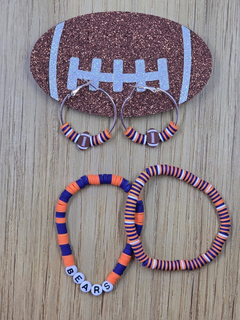 Bears Inspired Football Heishi Bead Bracelet & Hoop Earring Set